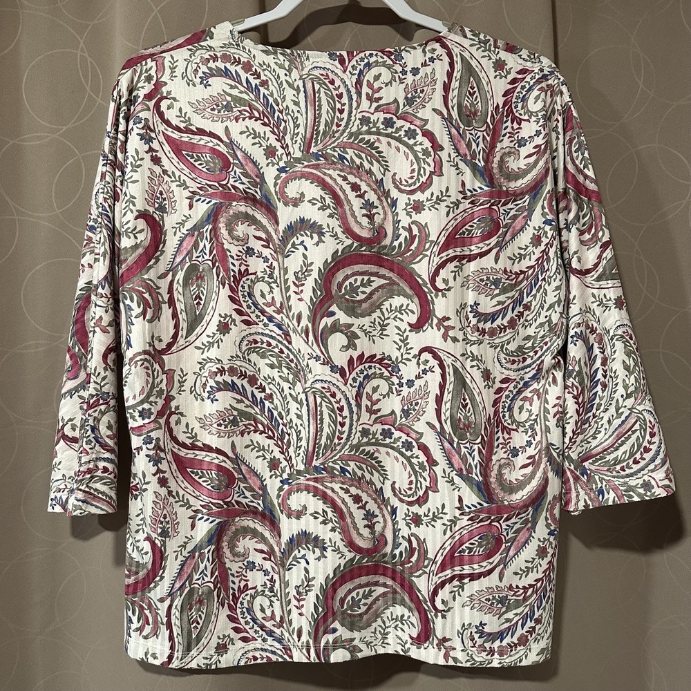 Chicos Paisley Ribbed Knit Blouse Burgundy Green 3/4 Sleeve Scoop Neck Size 1/M - Picture 3 of 3